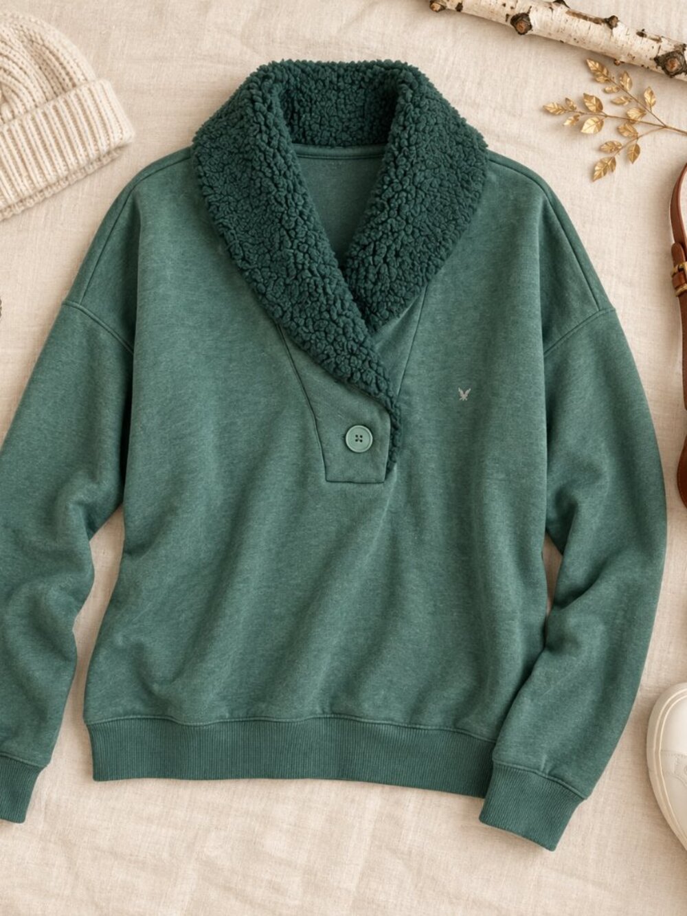 American Eagle Green Solid Print Fluffy Neck Sweater Sweatshirt Pullover  S NWOT